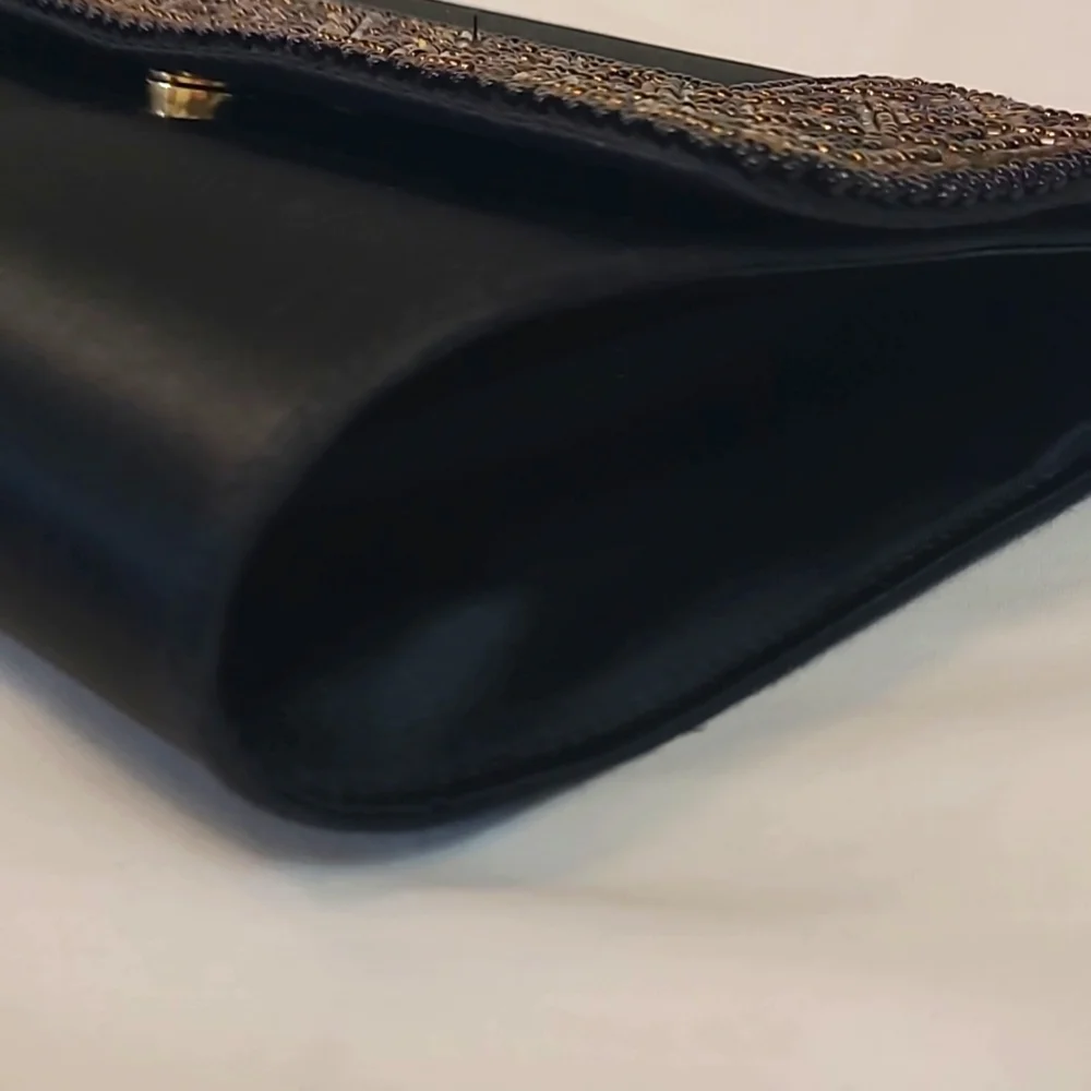 Carolyne Barton Beaded Vintage Shoulder Bag Black Satin Snap Closure Black Cord